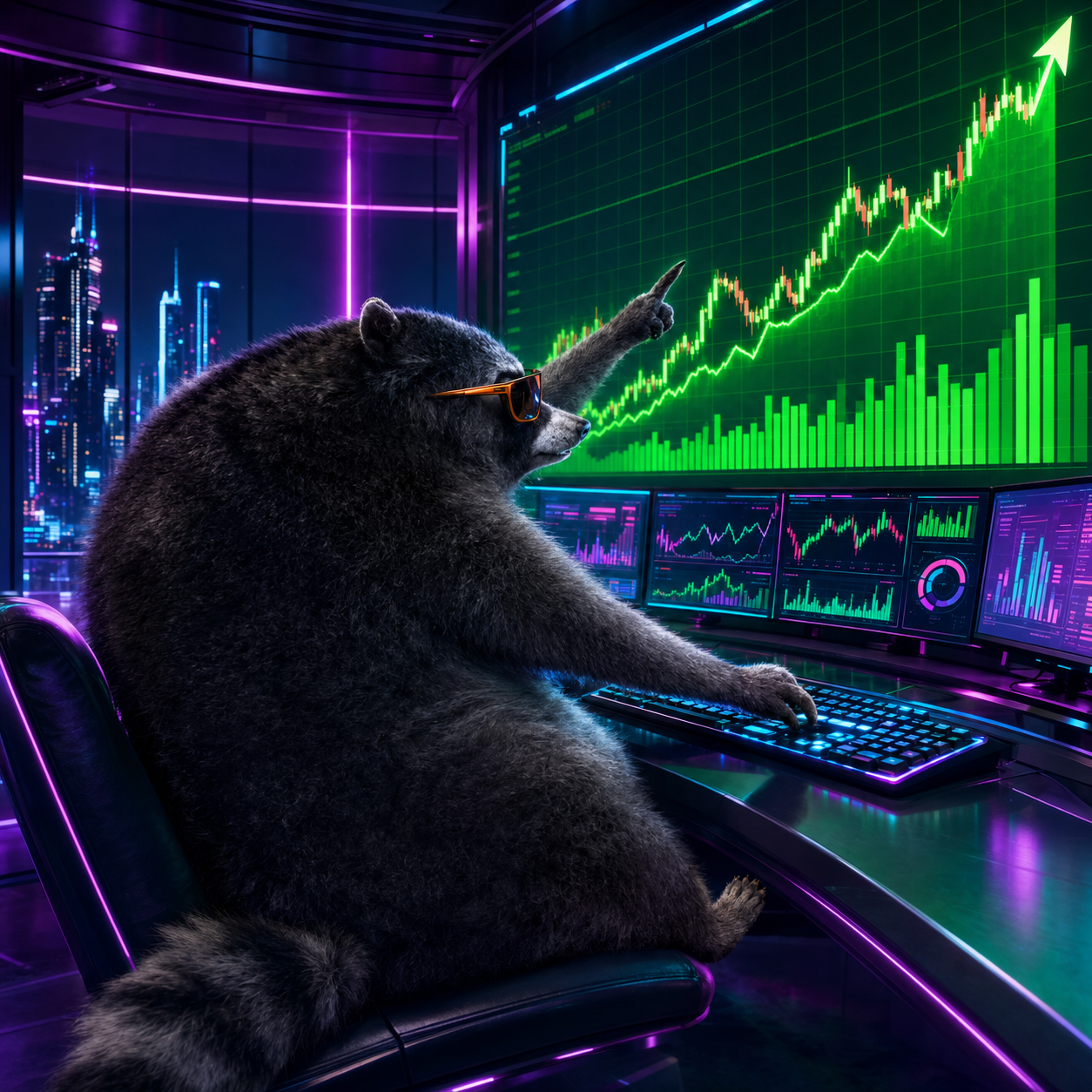 Nubby trading raccoon watching the charts pump