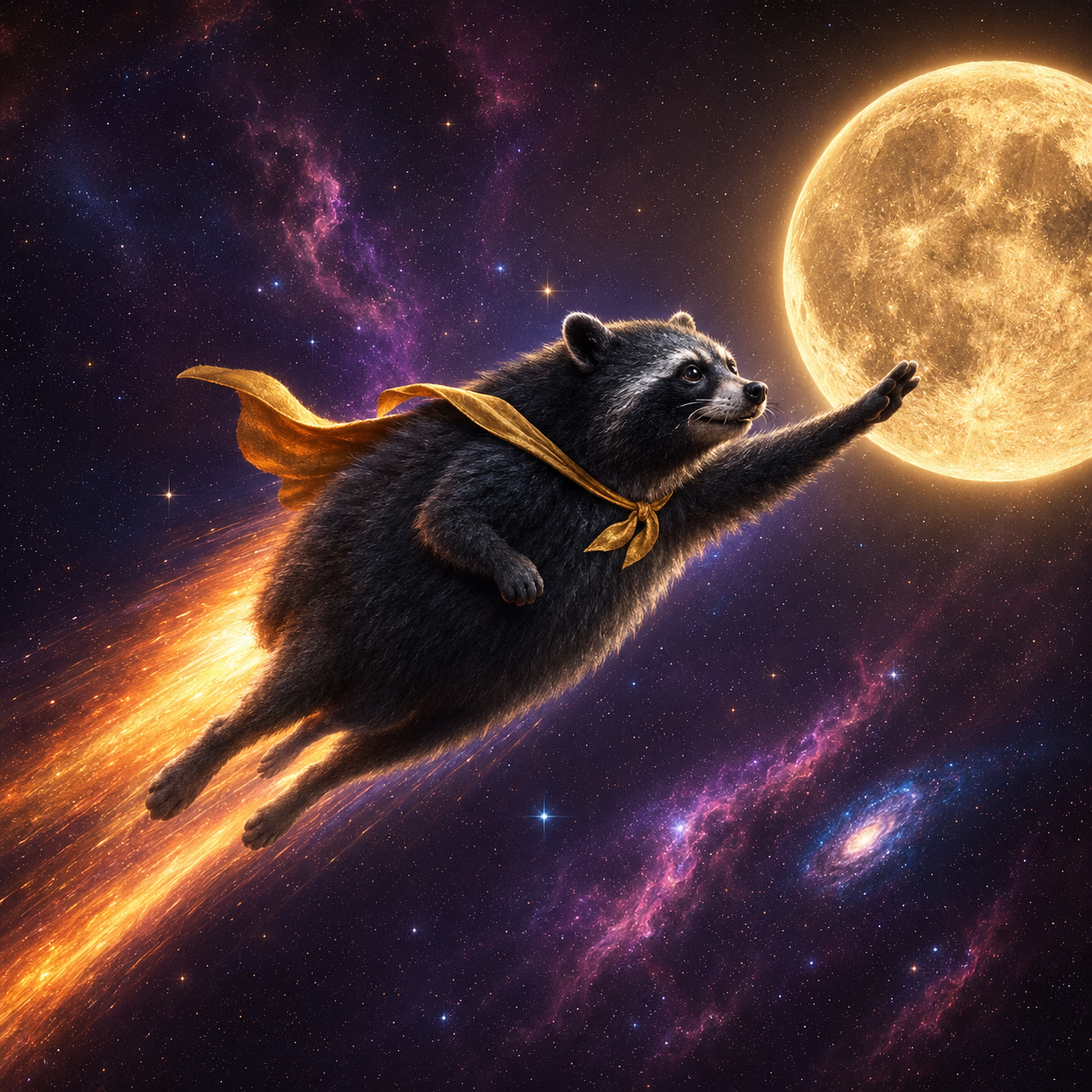 Nubby the raccoon flying to the moon